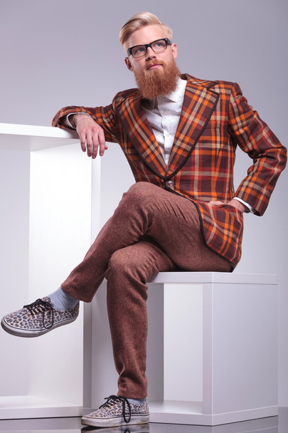 fashion man in vintage clothes and long beard looking away  - Photo, Image
