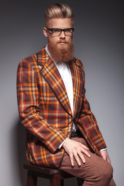 серьезный человек моды с длинной бородой сидя
  - Фото, изображение