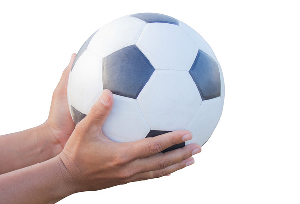 κλασικό Ποδόσφαιρο μπάλα στα χέρια αρσενικό.  - Φωτογραφία, εικόνα