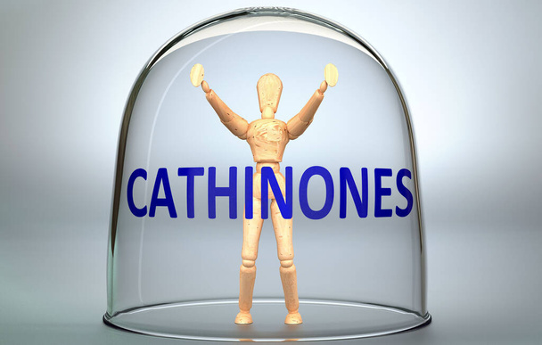 Катінони можуть відокремлювати людину від світу і замкнутися в ізоляції, яка обмежується зображенням людської фігури, замкненої в склі з фразою "Катінони", ілюстрації 3d. - Фото, зображення