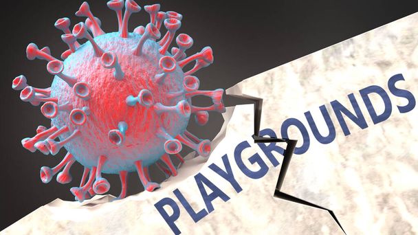 遊び場を破壊する巨大なコロナウイルス-固体、頑丈で確立された遊び場構造を破壊する大きなコロナウイルスは、流行病、 3Dイラストによって引き起こされる問題や混乱を象徴する - 写真・画像