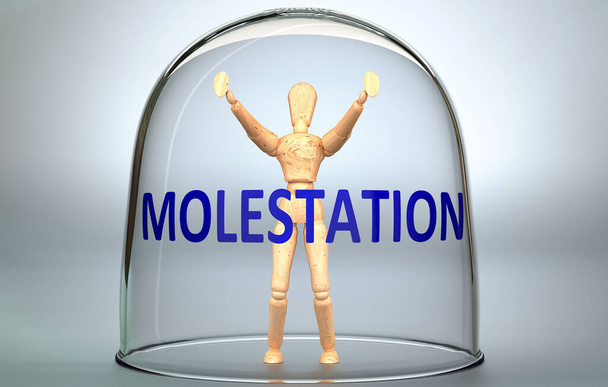 Molestowanie może oddzielić człowieka od świata i zamknąć w izolacji, która ogranicza - wyobrażona jako postać ludzka zamknięta w szklance ze zwrotem Molestation, ilustracja 3D - Zdjęcie, obraz