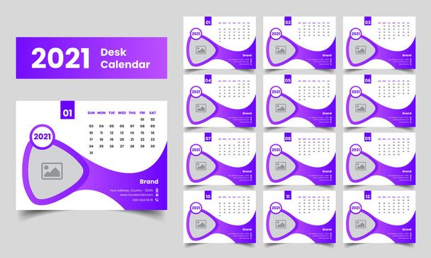 2021 rozvržení stolu kalendář, New Desk Kalendář 2021 šablona - 12 měsíců včetně, Happy New Year 2021 Desk Calendar, Kalendář pro 2021 rok - Vektor, obrázek