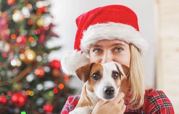 Happy woman with dog in christmas decoration - Photo, Image