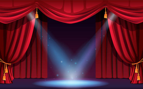 赤いカーテンとスポットライトのシアターステージ - ベクター画像