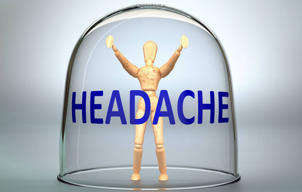 Headache can separate a person from the world and lock in an invisible isolation that limits and restrains - pictured as a human figure locked inside a glass with a phrase Headache, 3d illustration - Photo, image