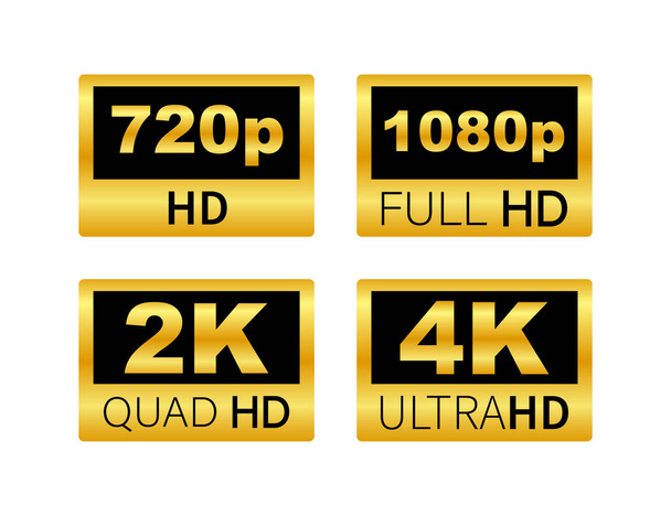 ビデオ寸法ラベル。ビデオ解像度720 、 1080 、 2k 、 4k 、バッジ。品質設計要素。ベクターストックイラスト. - ベクター画像