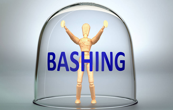 Bashing può separare una persona dal mondo e bloccare in un isolamento invisibile che limita e trattiene - nella foto come una figura umana bloccata all'interno di un vetro con una frase Bashing, illustrazione 3d - Foto, immagini