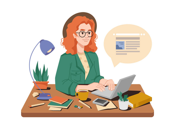 Femme journaliste écrire publication sur ordinateur - Vecteur, image