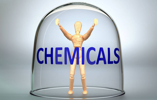 Le sostanze chimiche possono separare una persona dal mondo e rinchiudere in un isolamento invisibile che limita e trattiene - raffigurato come una figura umana chiusa all'interno di un vetro con una frase sostanze chimiche, illustrazione 3d - Foto, immagini