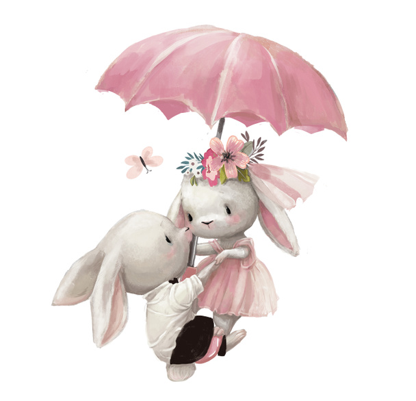 cute wedding couple of hares fly with umbrella - Photo, Image