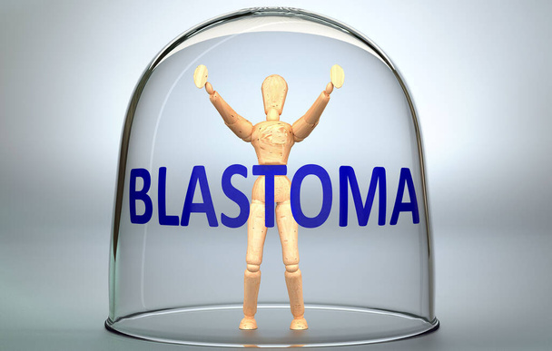 Blastomaは世界から人を分離し、制限し、抑制する目に見えない隔離にロックすることができます-フレーズBlastoma 、 3Dイラストでガラスの中にロックされた人間の姿として写真 - 写真・画像