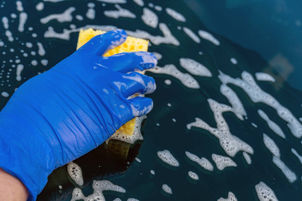 Naiskäsi sinisessä käsineessä pesee auton etulasin keltaisella vaahtomuovisienellä. Auton hoito ja pesu - Valokuva, kuva