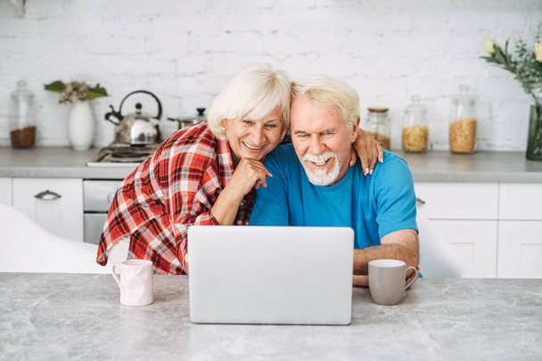 Senior couple with laptop at home - 写真・画像