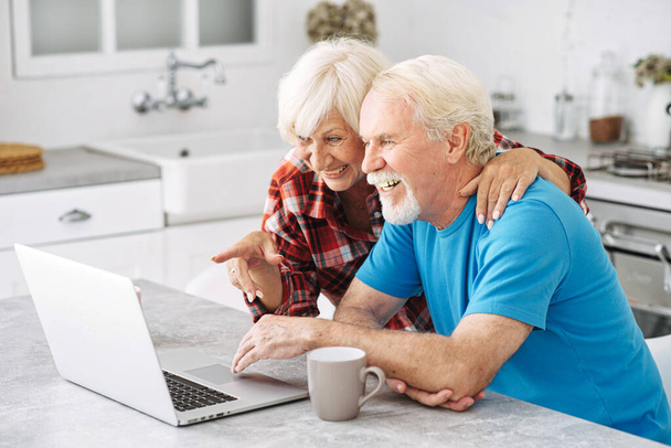 Senior couple with laptop at home - Foto, afbeelding