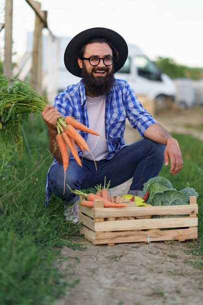 Le fermier avec une boîte de légumes. Récolte d'automne. - Photo, image