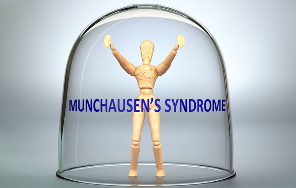 Zespół Munchausena może oddzielić człowieka od świata i zamknąć się w izolacji, która ogranicza - wyobrażona jako postać ludzka zamknięta w szklance ze zwrotem syndrom Munchausena, ilustracja 3D - Zdjęcie, obraz