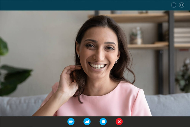 Happy arab indian biracial woman holding video call. - Foto, imagen