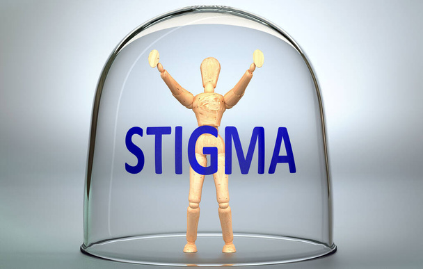 Stigma μπορεί να χωρίσει ένα πρόσωπο από τον κόσμο και να κλειδώσει σε μια αόρατη απομόνωση που περιορίζει και περιορίζει - απεικονίζεται ως μια ανθρώπινη φιγούρα κλειδωμένη μέσα σε ένα γυαλί με μια φράση Stigma, 3D εικονογράφηση - Φωτογραφία, εικόνα