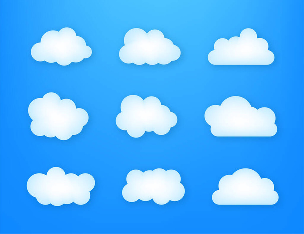 Set di cielo blu, nuvole. Icona nuvola, forma nuvola. Set di nuvole diverse. Illustrazione vettoriale. - Vettoriali, immagini