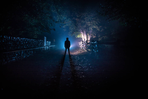 Silhouette di persona che sta nella foresta scura con luce. Il concetto di Halloween dell'orrore. strana silhouette in una foresta oscura spettrale di notte - Foto, immagini