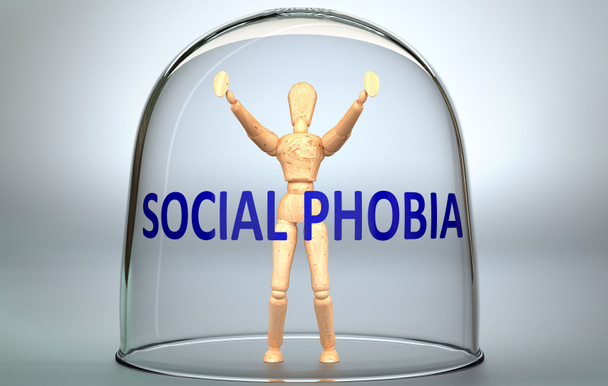 Sociale fobie kan een persoon te scheiden van de wereld en vergrendelen in een isolatie die grenzen - afgebeeld als een menselijke figuur opgesloten in een glas met een zin Sociale fobie, 3D-illustratie - Foto, afbeelding