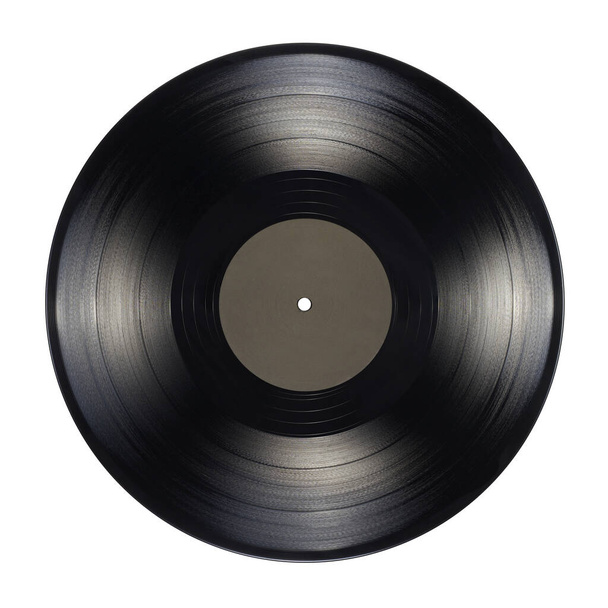 白の背景に隔離された空白の黒いラベルを持つ12インチLPレコード - 写真・画像