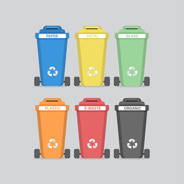 Cubos de basura de diferentes colores. Clasificación de residuos para reciclaje. ilustración vectorial. - Vector, Imagen