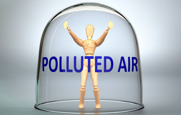 Znečištěný vzduch může oddělit člověka od světa a uzamknout se v izolaci, která omezuje - vyobrazeno jako lidská postava uzamčená ve sklenici s frází Znečištěný vzduch, 3D ilustrace - Fotografie, Obrázek