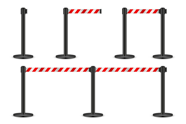 Realistic vector retractable belt stanchion. Crowd control barrier posts with caution strap. Queue lines. Restriction border and danger tape. - Vector, Image