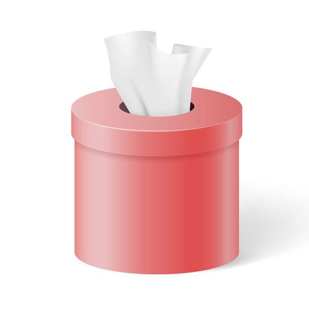 Pyöristetty punainen laatikko, jossa paperiset lautasliinat, nenäliinat tai nenäliinat. Realistinen mockup valkoisella taustalla - Vektori, kuva