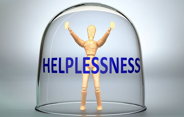 Hulpeloosheid kan een persoon scheiden van de wereld en opgesloten in een isolatie die grenzen - afgebeeld als een menselijke figuur opgesloten in een glas met een zin Hulpeloosheid, 3D-illustratie - Foto, afbeelding