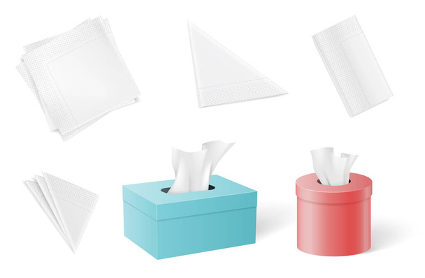 Set Papierservietten und Taschentücher gefaltet in verschiedenen Formen und in Schachteln - Vektor, Bild