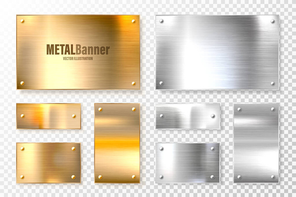 Realistic shiny metal banners set. Brushed steel and copper plate. Polished silver metal surface. Vector illustration. - Vector, Image