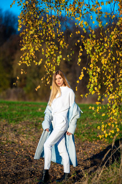 Beautiful woman in autumn clothes outdoor, blue sky background - Fotoğraf, Görsel