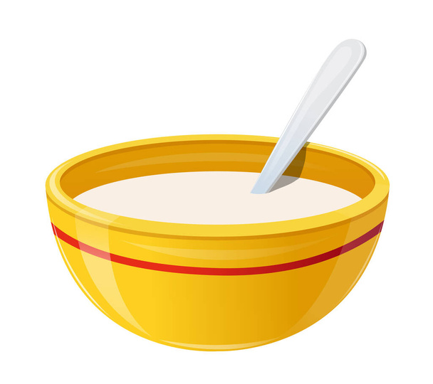 Lait dans un bol en céramique, petit déjeuner sain. Assiette à soupe jaune réaliste avec rayures rouges et cuillère pleine de liquide blanc - Vecteur, image