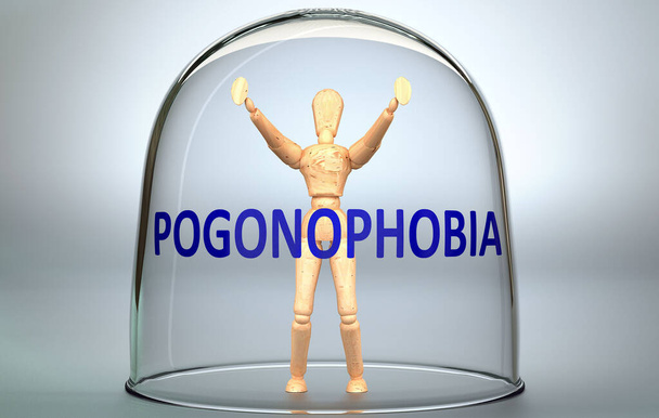 Pogonofobi bir insanı dünyadan ayırabilir ve bir bardağın içinde Pogonofobi, 3 boyutlu bir illüstrasyonla bir insan figürü olarak resmedilen bir izolasyona kilitlenebilir. - Fotoğraf, Görsel