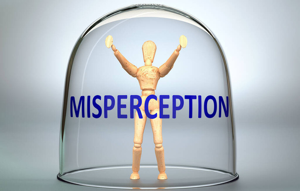 Mispercezione può separare una persona dal mondo e bloccare in un isolamento che limita - nella foto come una figura umana bloccata all'interno di un bicchiere con una frase Mispercezione, illustrazione 3D - Foto, immagini