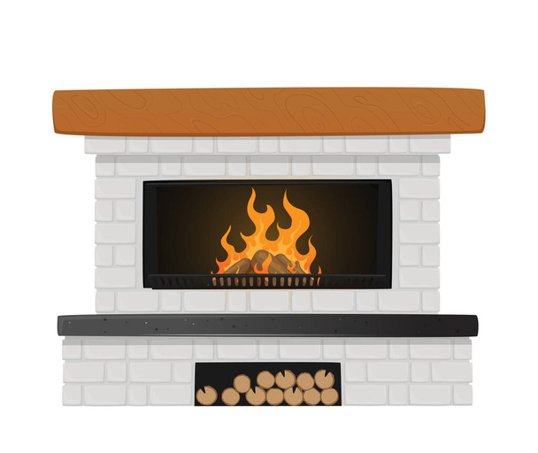 Klasyczny kominek z białej cegły z płonącym ogniem wewnątrz i niszą dla kłód. Komin wewnętrzny w tradycyjnym stylu - Wektor, obraz