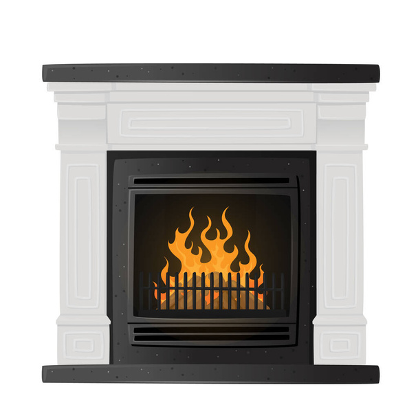 白の背景に隔離された内部と鉄格子で古典的な暖炉、燃焼ストーブ、室内暖房システム - ベクター画像