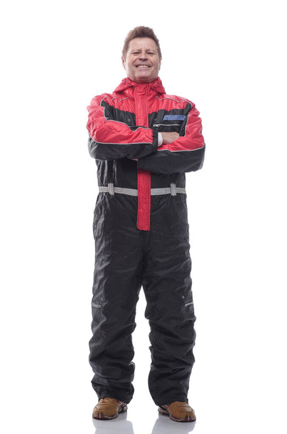 happy man in winter insulated overalls. isolated on a white - Foto, Bild