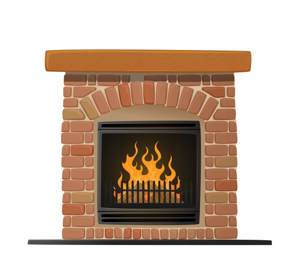 Kominek z płonącej cegły z ogniem wewnątrz. Tradycyjny klasyczny komin z metalową kuchenką i kratką. System ogrzewania domu - Wektor, obraz