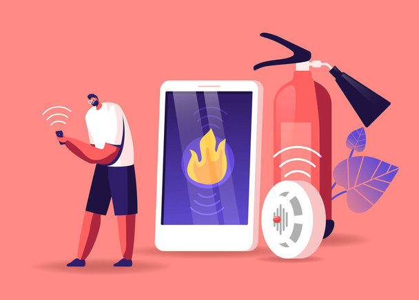 Carácter masculino Reciba Notificación del Sistema de Control Inteligente en el Dispositivo Electrónico Smartphone sobre Accidentes de Incendios - Vector, imagen