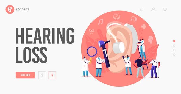 Hallásvesztés, süketség leszállási oldal sablonja. Süket emberek hallásproblémákkal Látogasson el az orvoshoz kezelésre. Meghallgatási támogatás - Vektor, kép