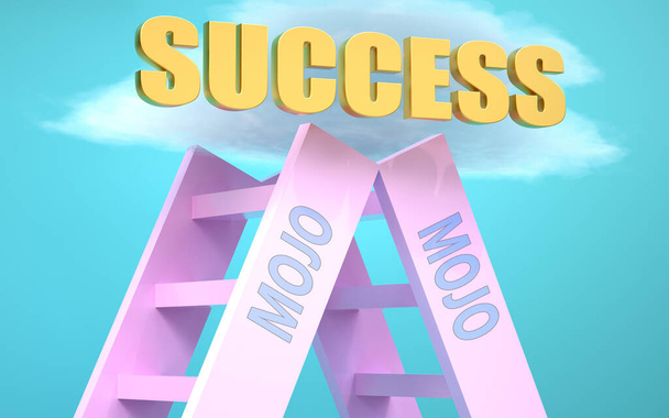 Scala Mojo che porta al successo in alto nel cielo, a simboleggiare che Mojo è un fattore molto importante per raggiungere il successo nella vita e negli affari., Illustrazione 3d - Foto, immagini