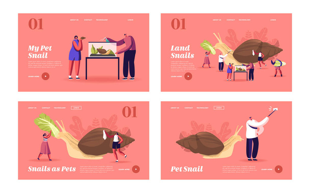People and Mollusk Pet Hobby, Fauna Creature Landing Page Template Set. Tiny Characters Care of Huge Achatina Snail - Vektor, obrázek