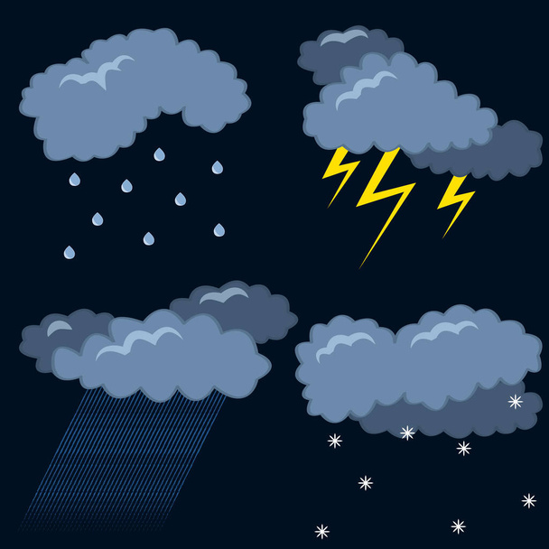 Segni e simboli meteo. Brutto tempo. Nuvole, poca pioggia, forti piogge, fulmini, neve. Illustrazione vettoriale - Vettoriali, immagini