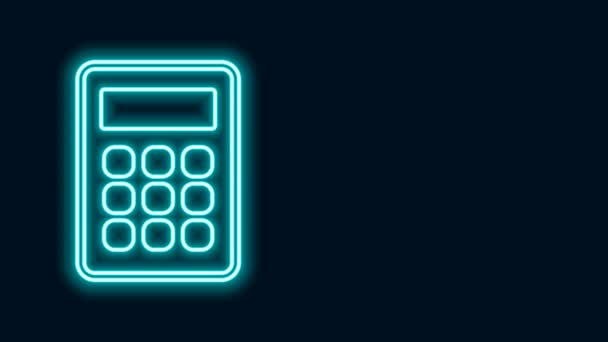 Ícone brilhante da calculadora da linha do néon isolado no fundo preto. Símbolo contabilístico. Cálculos de negócios educação matemática e finanças. Animação gráfica em movimento de vídeo 4K - Filmagem, Vídeo