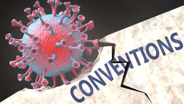 Ковадський вірус знищує конвенції: великий вірус корона порушує міцну, міцну та усталену структуру конвенцій, символізує проблеми та хаос, спричинені ковадловою пандемією, 3d ілюстрація
 - Фото, зображення