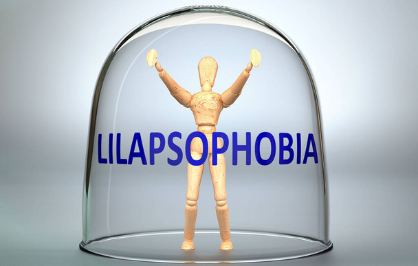 Lilapsofobia może oddzielić człowieka od świata i zamknąć się w izolacji, która ogranicza - wyobrażona jako postać ludzka zamknięta w szklance ze zwrotem Lilapsophobia, ilustracja 3D - Zdjęcie, obraz